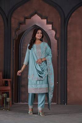 Sea Green Embroidered Cotton Semi_Stitched Semi_Stitched Party Wear Salwarsuit 2