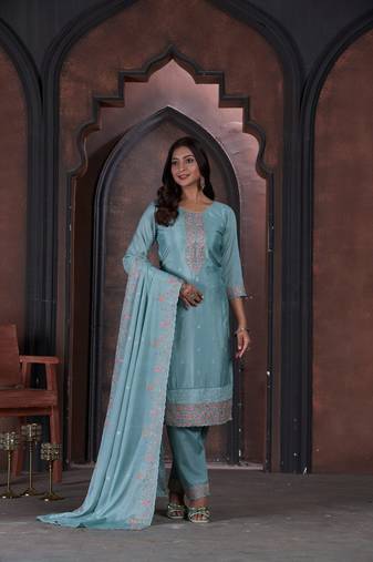 Sea Green Embroidered Cotton Semi_Stitched Semi_Stitched Party Wear Salwarsuit