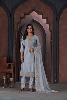 Beige Embroidered Cotton Semi_Stitched Semi_Stitched Party Wear Salwarsuit 1