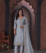 Beige Embroidered Cotton Semi_Stitched Semi_Stitched Party Wear Salwarsuit