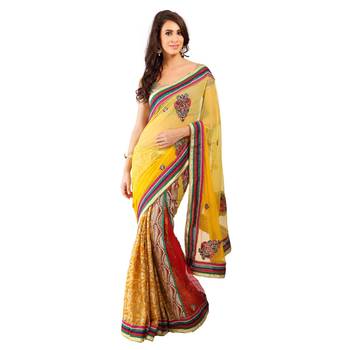  Yellow Embroidered Net Saree With Blouse 1