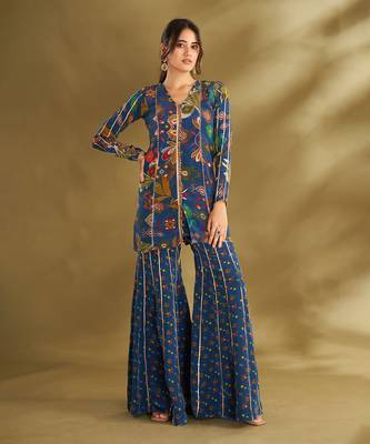Royal blue ikkat print sharara set 1