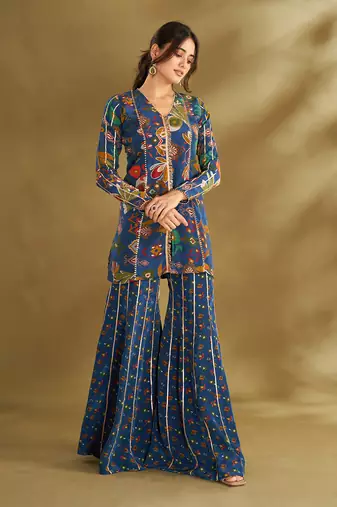 Royal blue ikkat print sharara set