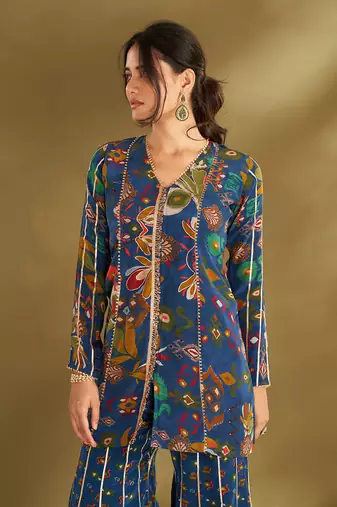 Royal blue ikkat print sharara set