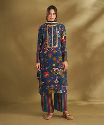 Blue viscose crepe printed kurta sets 1