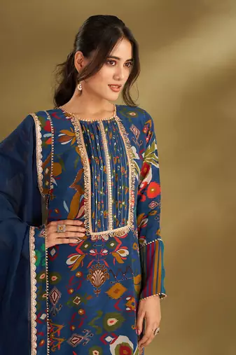 Blue viscose crepe printed kurta sets