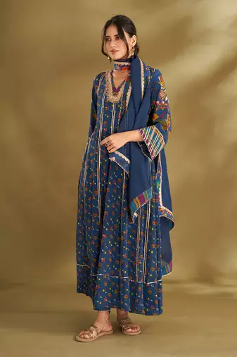 Blue viscose crepe printed anarkali sets