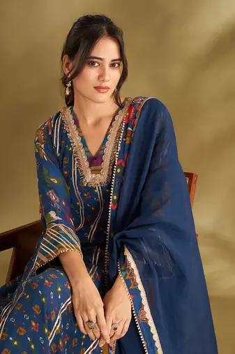 Blue viscose crepe printed anarkali sets