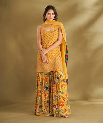 Yellow viscose crepe print sharara sets 1