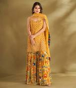 Yellow viscose crepe print sharara sets