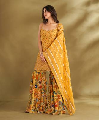 Yellow viscose crepe print sharara sets 2