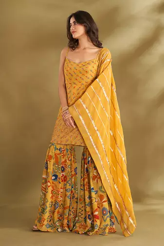Yellow viscose crepe print sharara sets