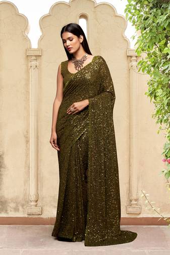 Mehendi Georgette Sequins Work Saree with Blouse