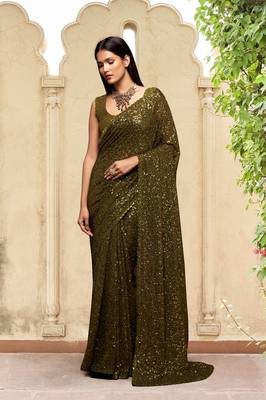Trendmalls Mehendi Georgette Sequins Work Saree with Blouse 1