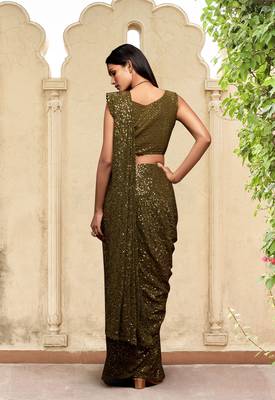 Trendmalls Mehendi Georgette Sequins Work Saree with Blouse 2