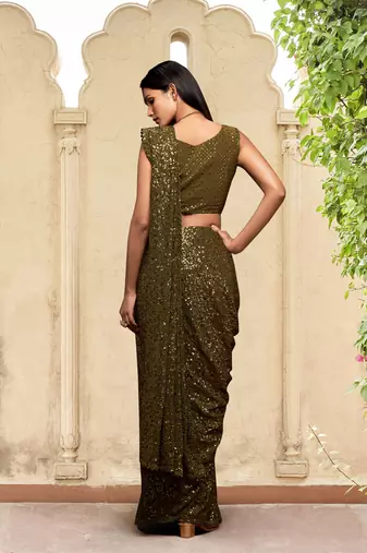 Trendmalls Mehendi Georgette Sequins Work Saree with Blouse