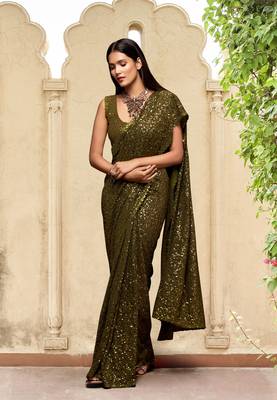 Trendmalls Mehendi Georgette Sequins Work Saree with Blouse 3