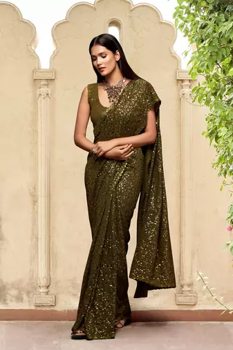 Trendmalls Mehendi Georgette Sequins Work Saree with Blouse