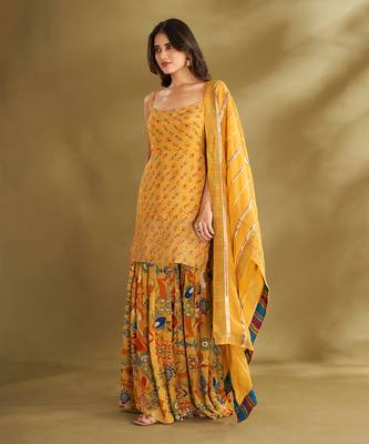 Yellow viscose crepe print sharara sets 3