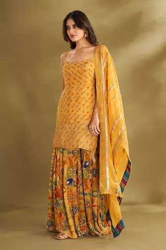 Yellow viscose crepe print sharara sets