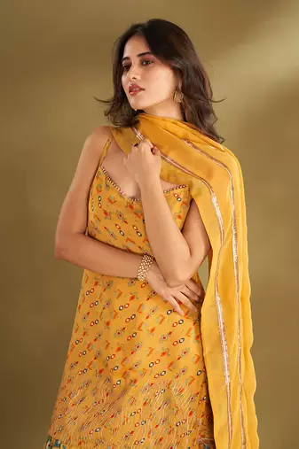 Yellow viscose crepe print sharara sets