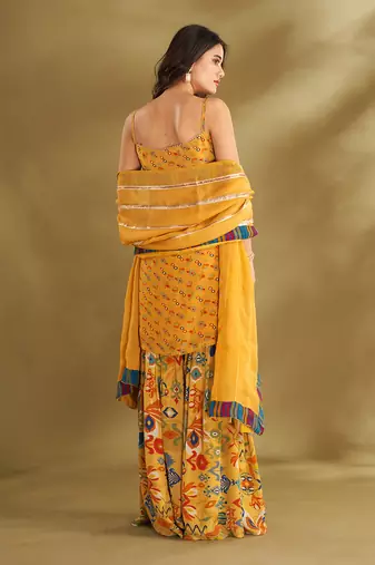 Yellow viscose crepe print sharara sets