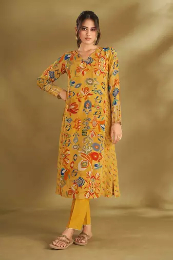Yellow viscose crepe print a-line kurta set