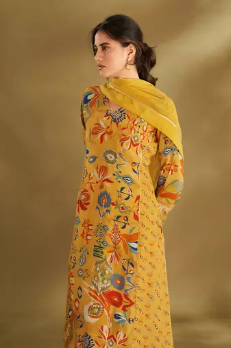 Yellow viscose crepe print a-line kurta set