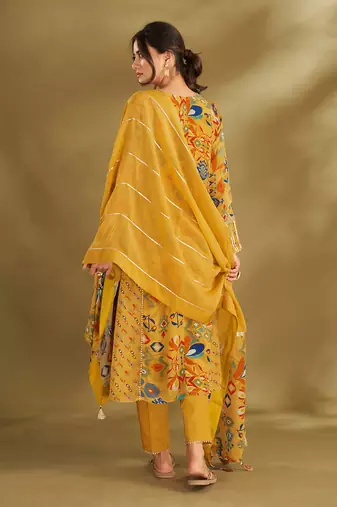 Yellow viscose crepe print a-line kurta set