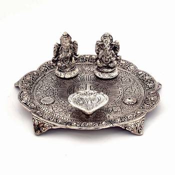 White Metal Lord Laxmi Ganesh With Dia Thali Diwali Gift 317 1