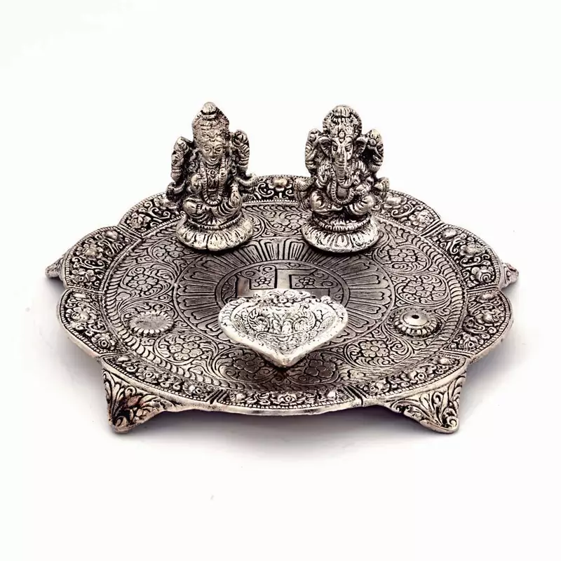White Metal Lord Laxmi Ganesh With Dia Thali Diwali Gift 317