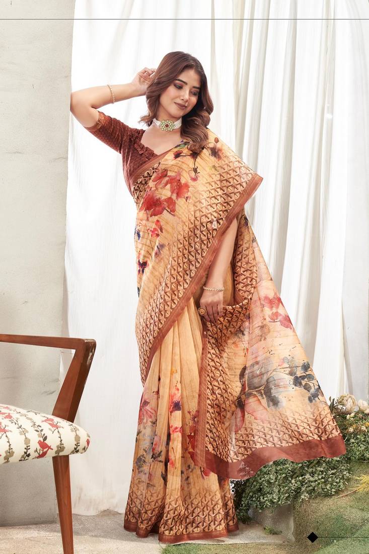 Brown Chanderi Silk printed saree