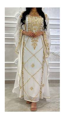 Grand White Kaftan Gown with Gold Stone and Zari Work | Luxury Event Wear 1