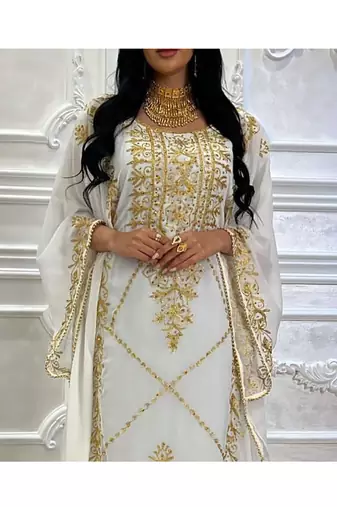 Grand White Kaftan Gown with Gold Stone and Zari Work | Luxury Event Wear