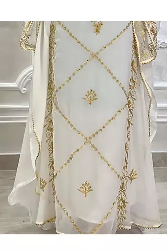 Grand White Kaftan Gown with Gold Stone and Zari Work | Luxury Event Wear