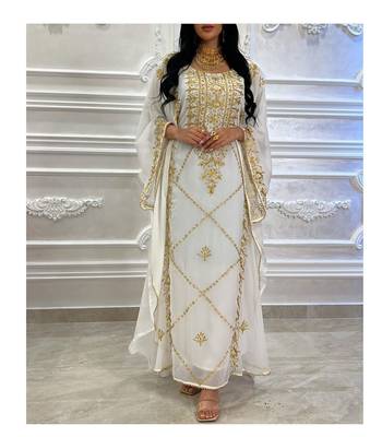 Grand White Kaftan Gown with Gold Stone and Zari Work | Luxury Event Wear 4