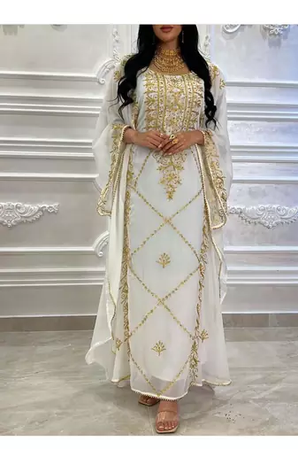 Grand White Kaftan Gown with Gold Stone and Zari Work | Luxury Event Wear