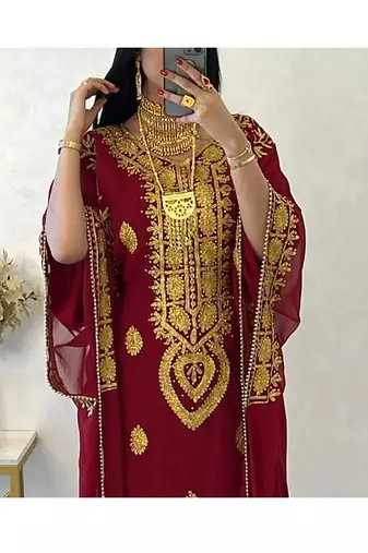 Maroon Embroidered Stone work Stitched Dress Georgette Kaftan Party Wear Wedding Dresses