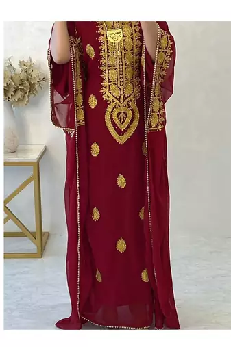 Maroon Embroidered Stone work Stitched Dress Georgette Kaftan Party Wear Wedding Dresses