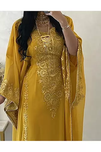 Yellow Georgette Aari Work Farsha Kaftan