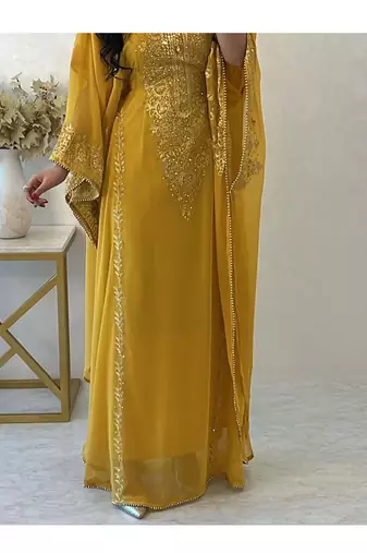 Yellow Georgette Aari Work Farsha Kaftan