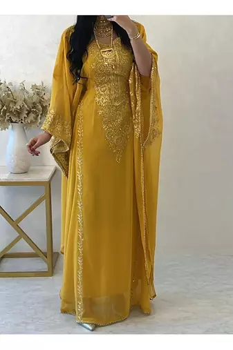 Yellow Georgette Aari Work Farsha Kaftan