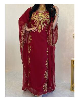 Grand Maroon Kaftan Gown with Heavy Gold Zari Work & Hijab | Luxury Event Dress 1