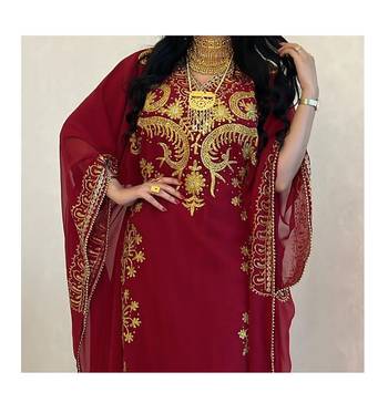 Grand Maroon Kaftan Gown with Heavy Gold Zari Work & Hijab | Luxury Event Dress 2