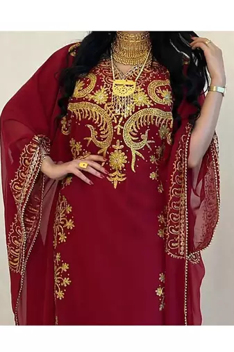 Grand Maroon Kaftan Gown with Heavy Gold Zari Work & Hijab | Luxury Event Dress