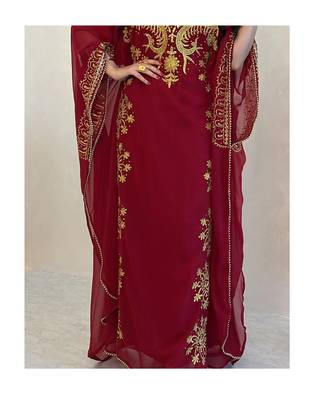 Grand Maroon Kaftan Gown with Heavy Gold Zari Work & Hijab | Luxury Event Dress 3
