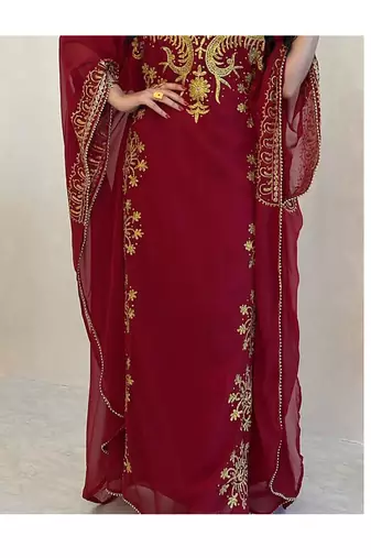 Grand Maroon Kaftan Gown with Heavy Gold Zari Work & Hijab | Luxury Event Dress