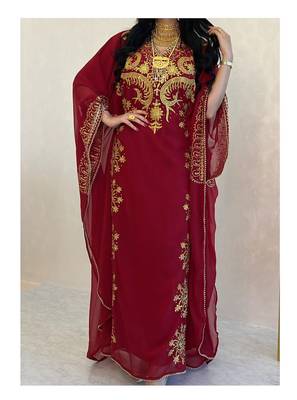 Grand Maroon Kaftan Gown with Heavy Gold Zari Work & Hijab | Luxury Event Dress 4