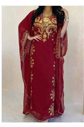 Grand Maroon Kaftan Gown with Heavy Gold Zari Work & Hijab | Luxury Event Dress