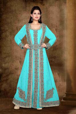 Cyan color Full Sleeves Handmade Moroccan Kaftan with hijab 1